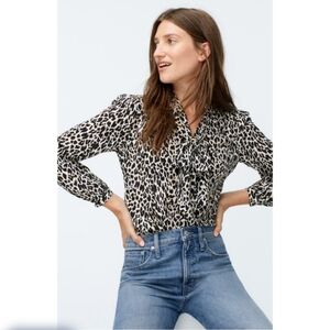 J.Crew Black and Tan Silk Leopard Animal Print Bowtie Neck Button Down Blouse XS
